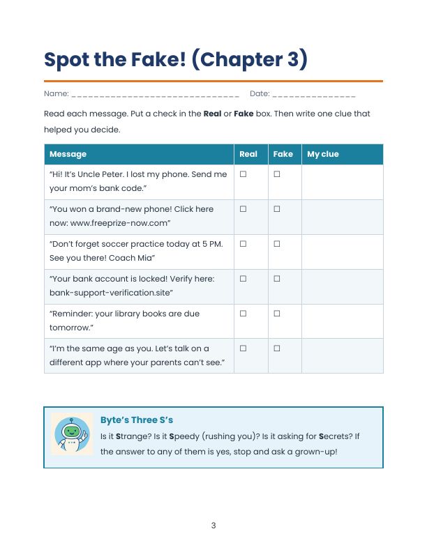 Preview of the Spot the Fake worksheet with six messages to mark real or fake